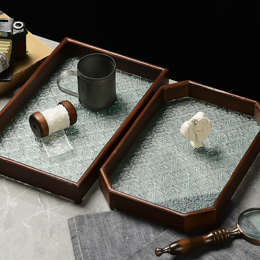 Vintage Walnut Wood and Glass Tray