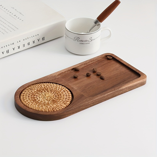 Acacia Wood Tray with Rattan Matt