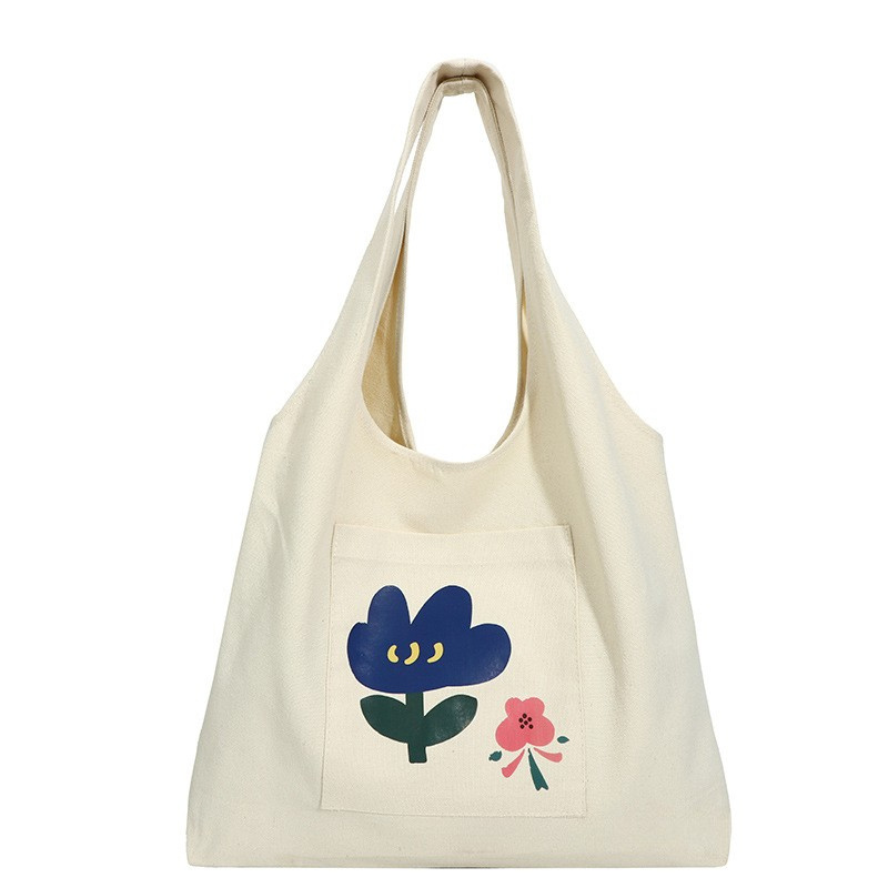 Reusable Canvas Tote Bag Blue Flower