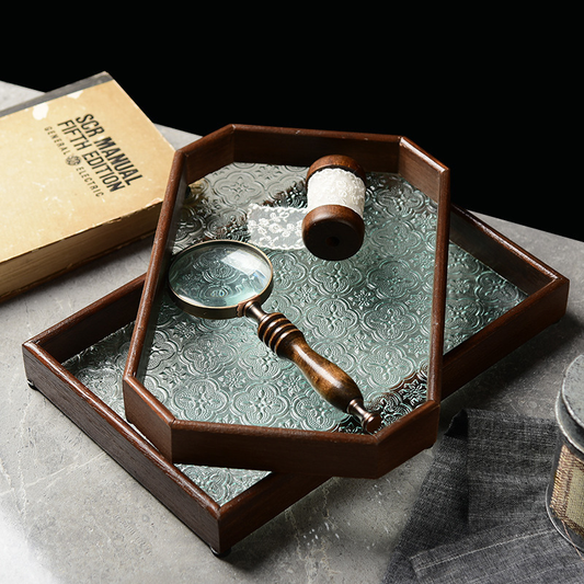 Vintage Walnut Wood and Glass Tray