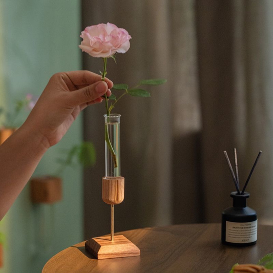 Decorative Wood Flower Vase with Transparent Glass
