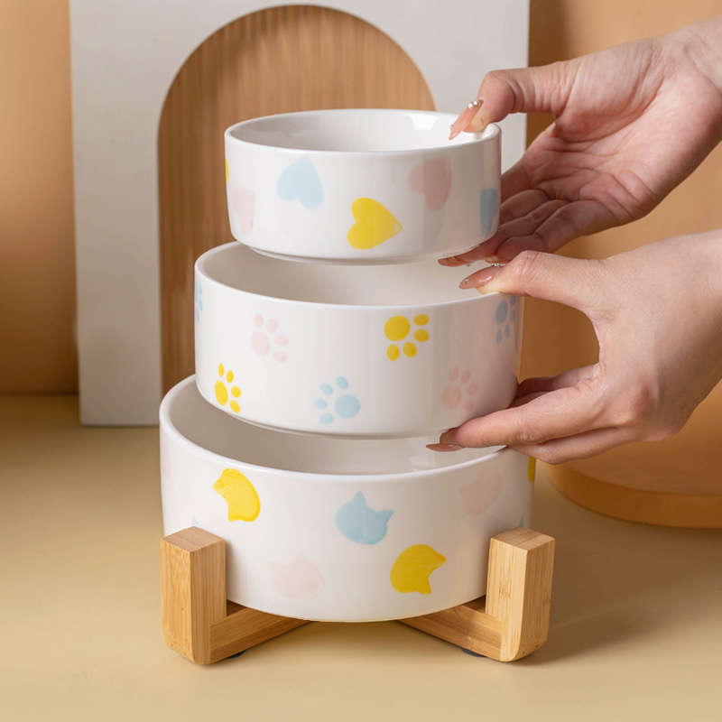 Ceramic with Wood Base Pet Bowl