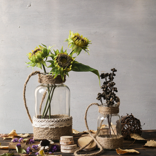 Handmade American Style Glass Vase with Natural Hemp Rope