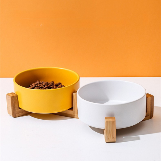 Double Ceramic Bowls with Wood Base