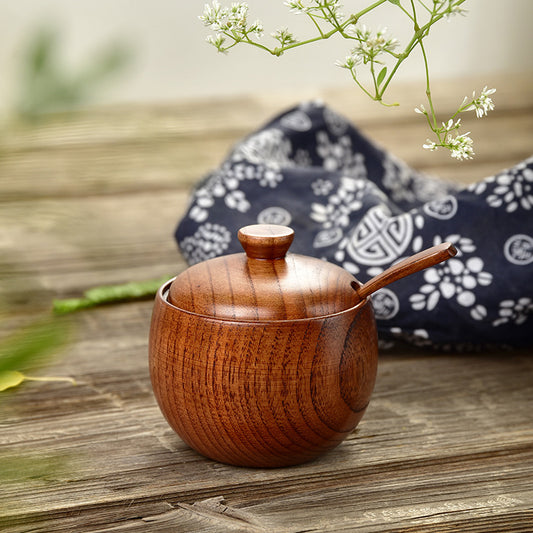 Solid Wood Seasoning / Storage Jar with Wood Spoon