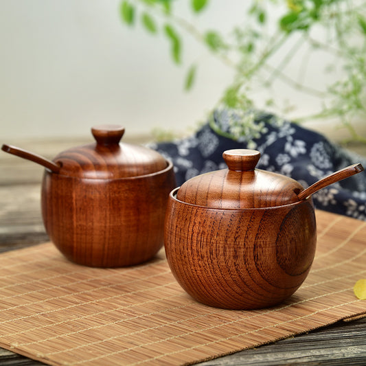 Solid Wood Seasoning / Storage Jar with Wood Spoon