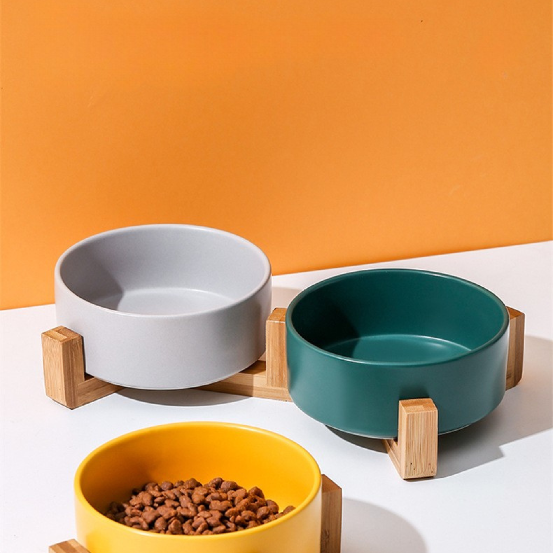 Double Ceramic Bowls with Wood Base