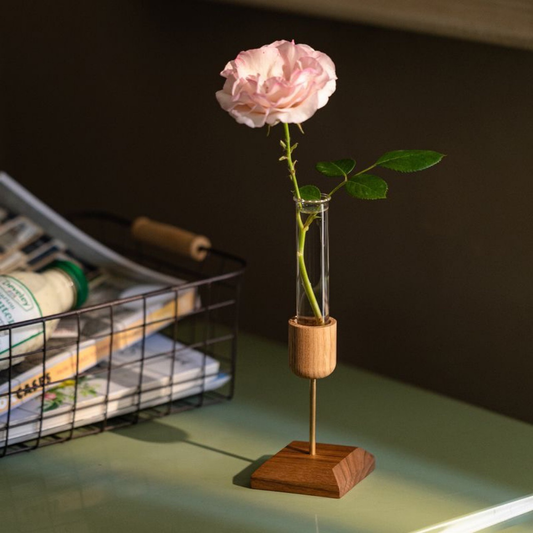 Decorative Wood Flower Vase with Transparent Glass