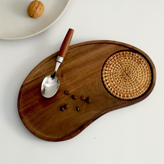Acacia Wood Tray with Rattan Matt