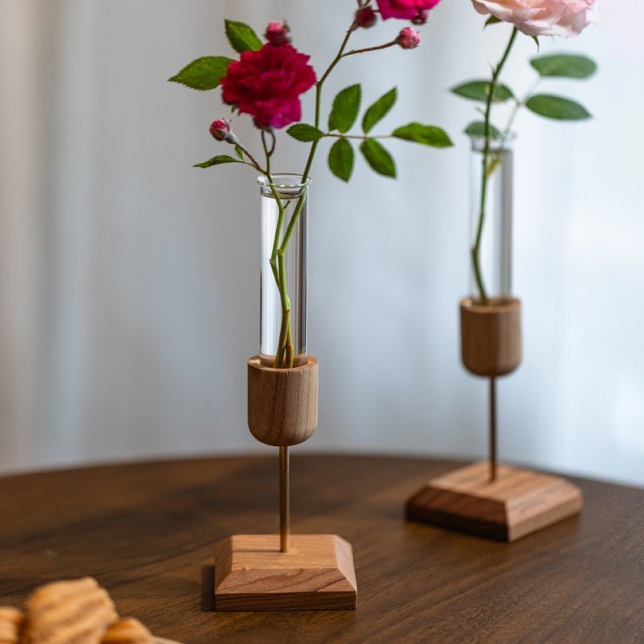 Decorative Wood Flower Vase with Transparent Glass
