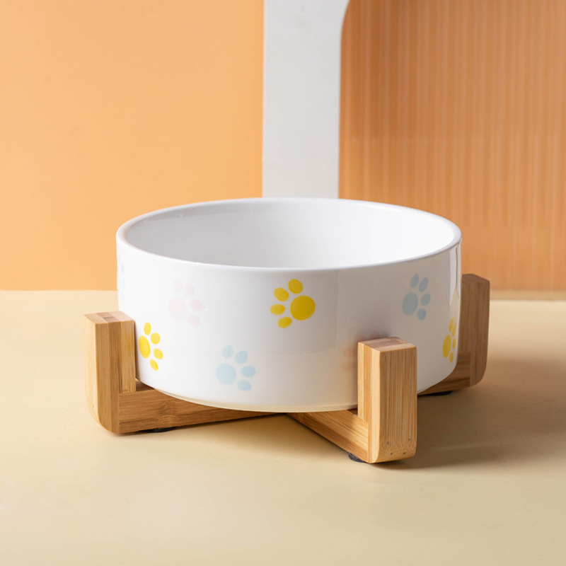 Ceramic with Wood Base Pet Bowl