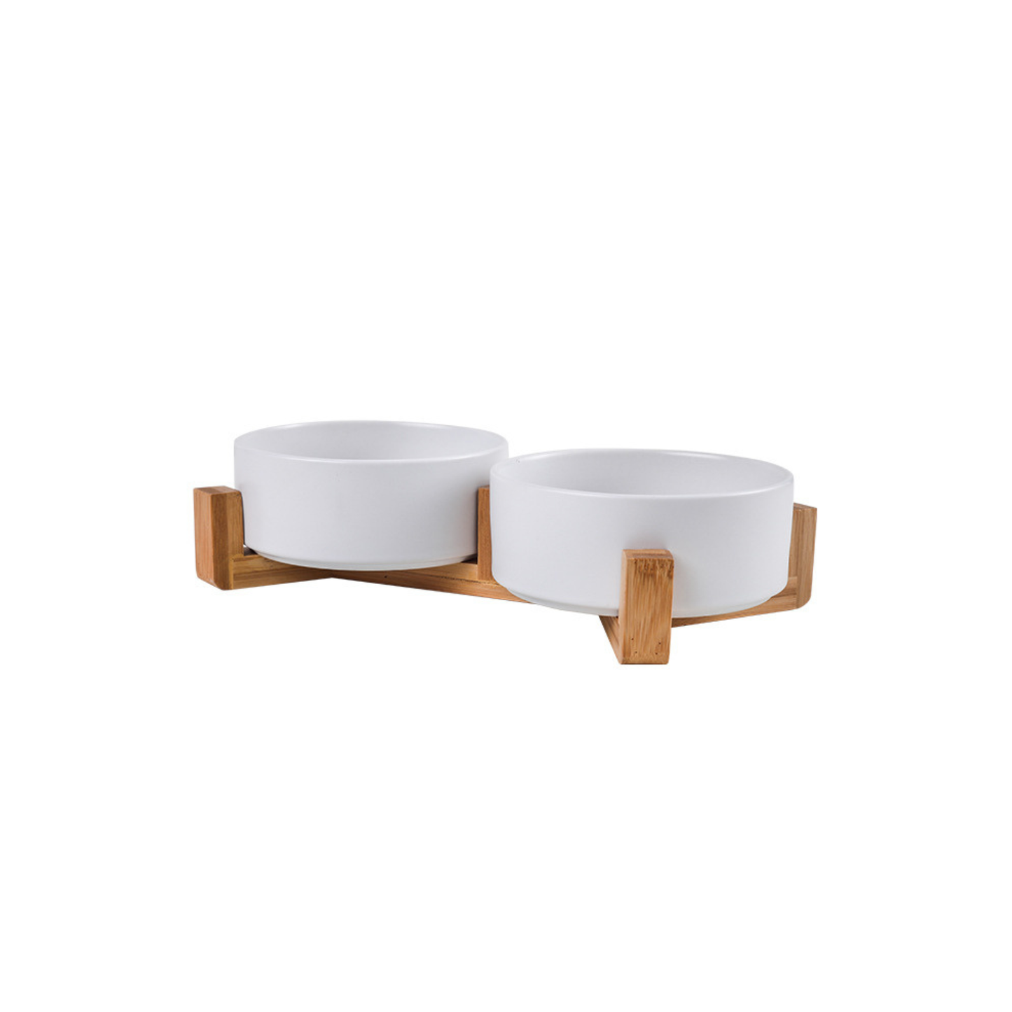 Double Ceramic Bowls with Wood Base