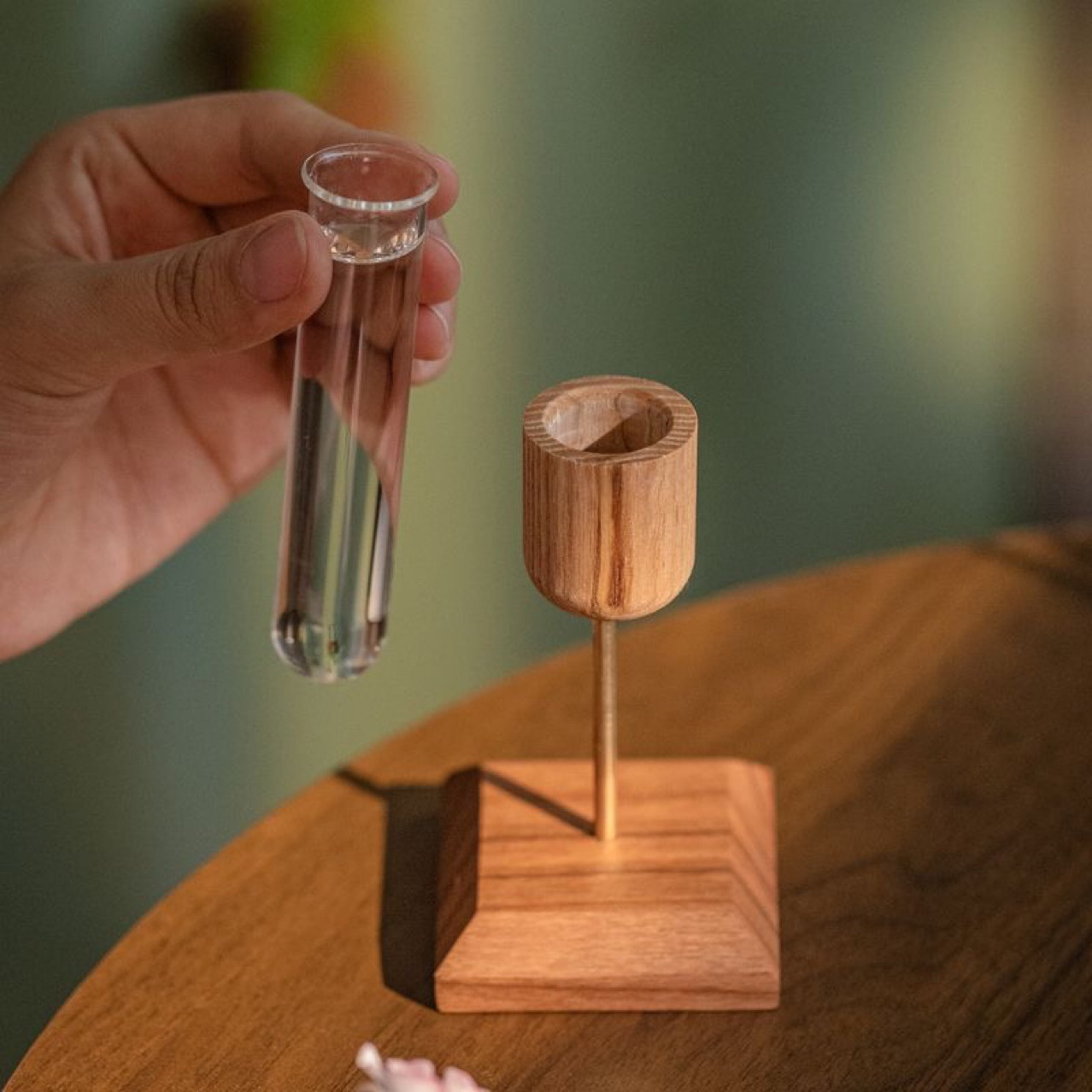 Decorative Wood Flower Vase with Transparent Glass