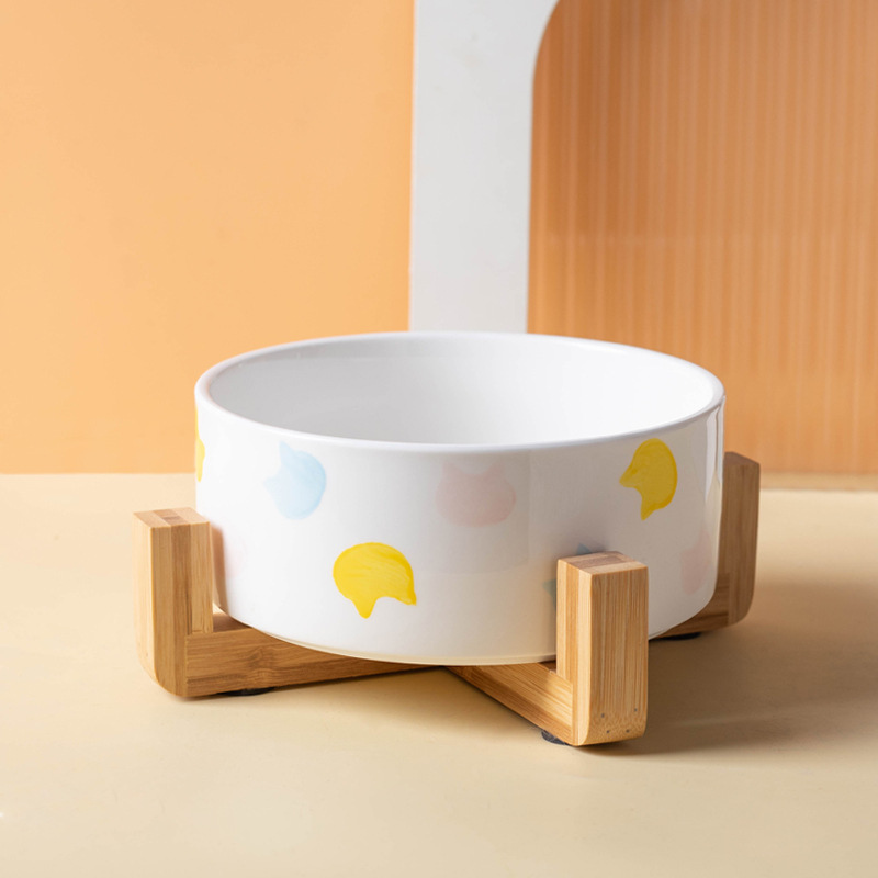 Ceramic with Wood Base Pet Bowl