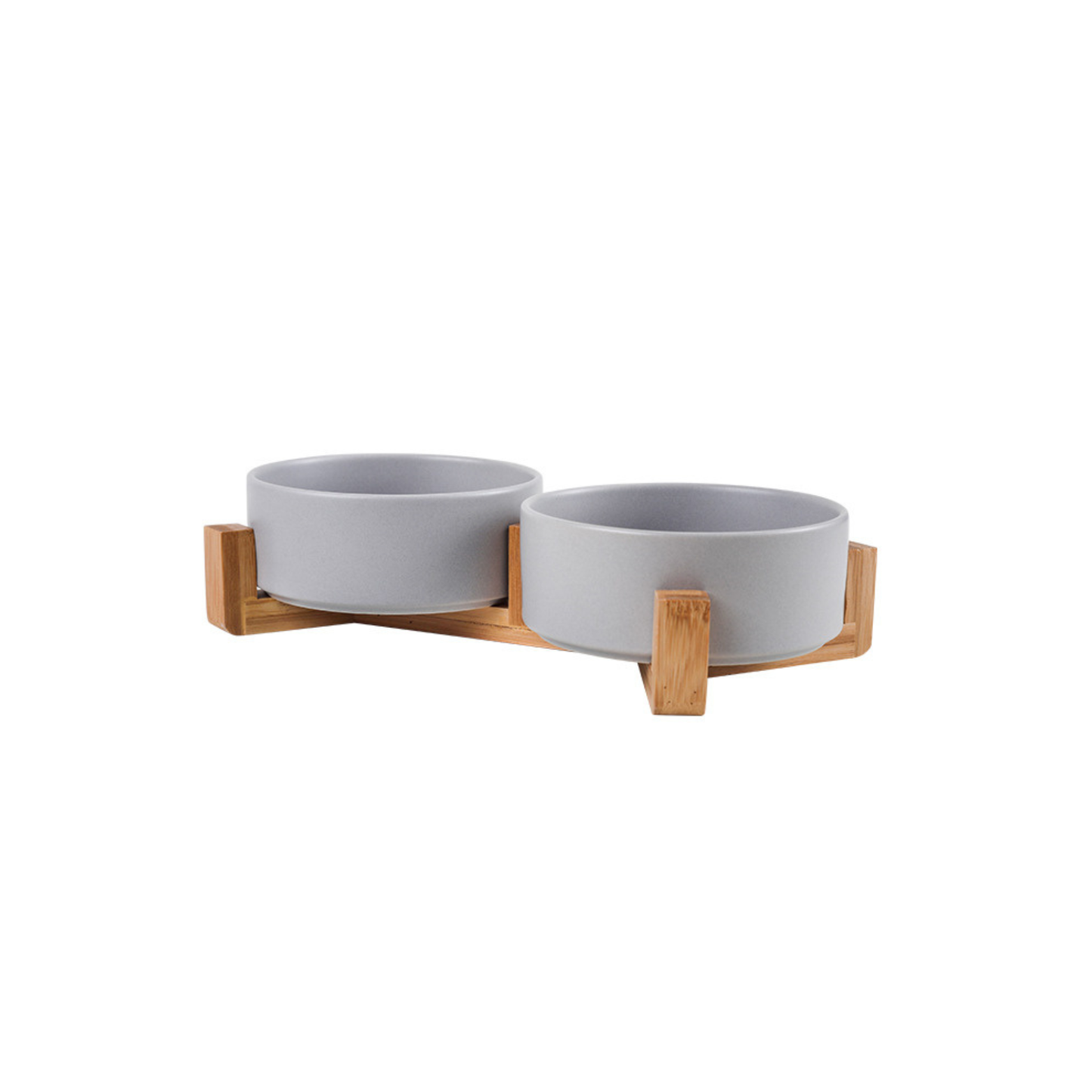 Double Ceramic Bowls with Wood Base